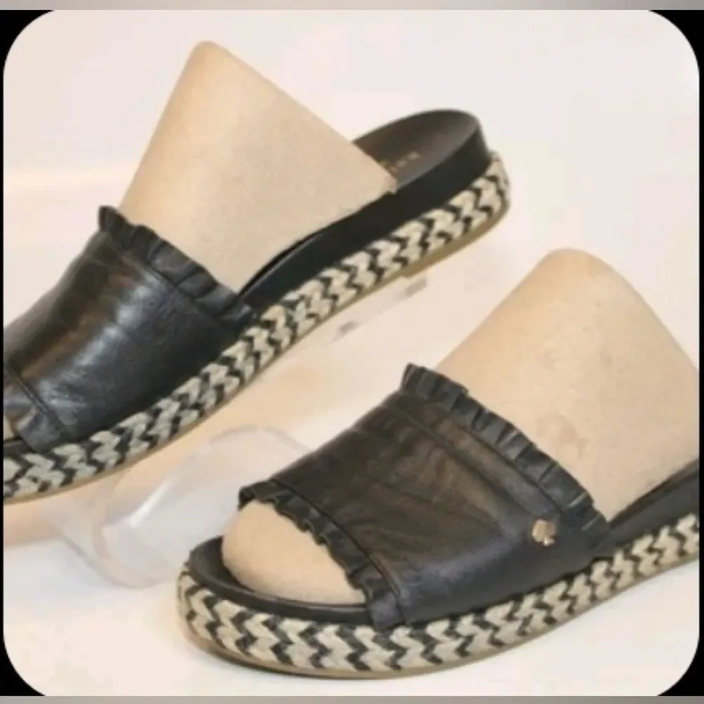 NEW Kate Spade Zahara Leather Slide Black Leather Espadrille Slides 6 M